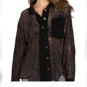 Womens Black sheer lacr button-down  blouse